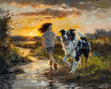 Border Collie Dog Running with Girl - 8x10 Matte Print