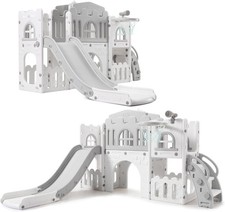 8 in 1 Toddler Slide Playset for Age 1-3 with Climber Toy Storage White and Gray