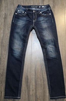 Miss Me Jeans 30 Dark Wash Mid Rise Features Heavy White Contrast Thick Stitch