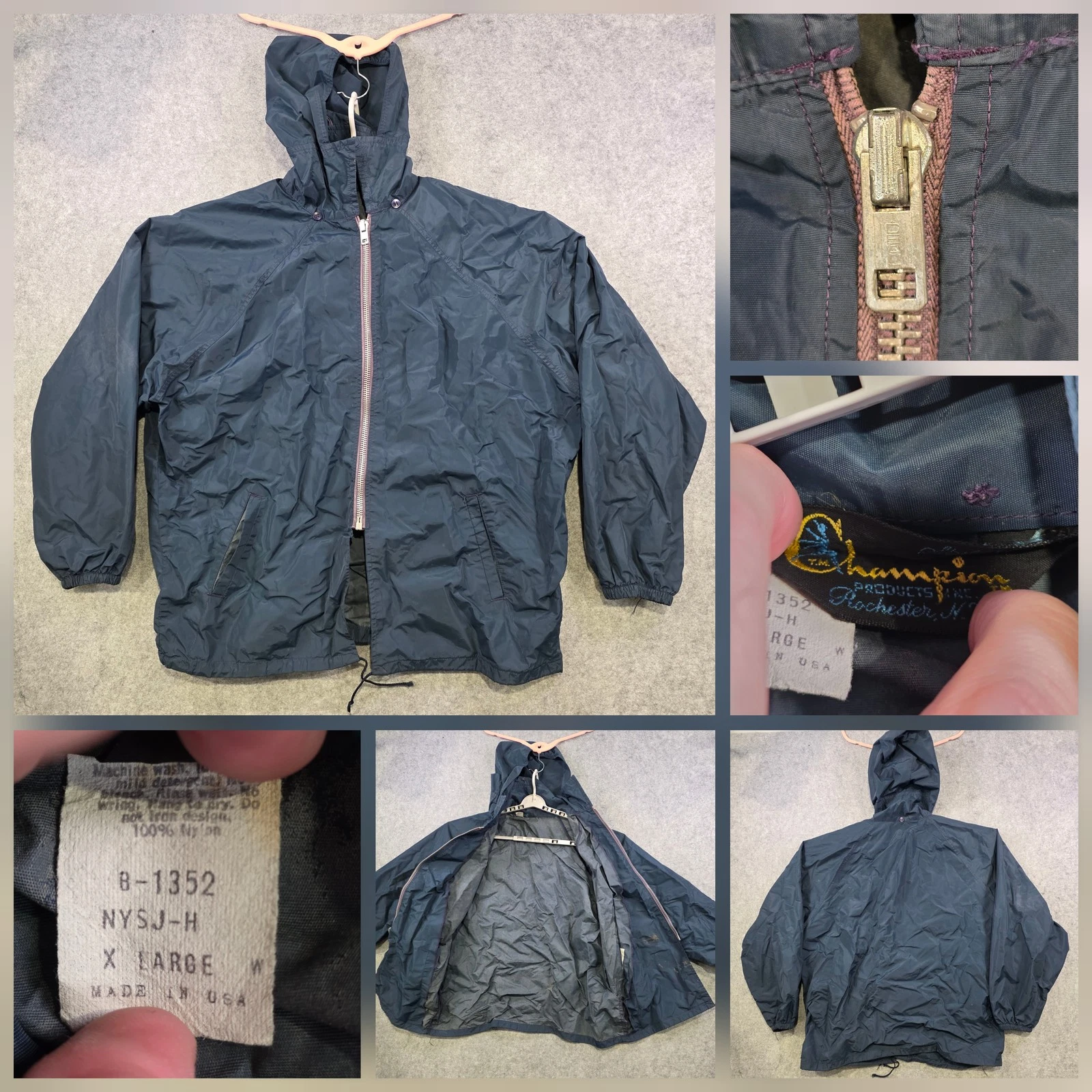 VTG Champion Running Man Jacket Mens XL Blue Nylon Hooded Windbreaker Made USA