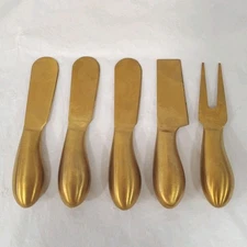 Gold Tone Cheese Servers and Spreaders Knife Fork Stainless Steel Set of 5