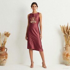 Evening Glam Midi Dress Burgundy Pencil Sleeveless Zip Pockets Lined S
