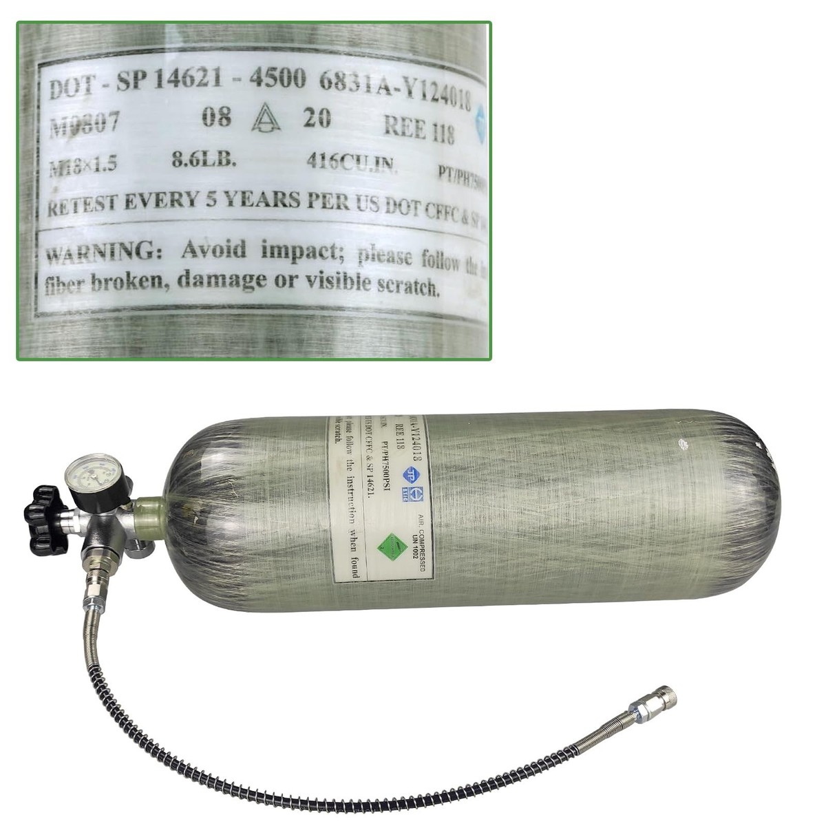 Réservoir PCP Acecare 6.8L - Fibre De Carbone - 4500 Psi - CE