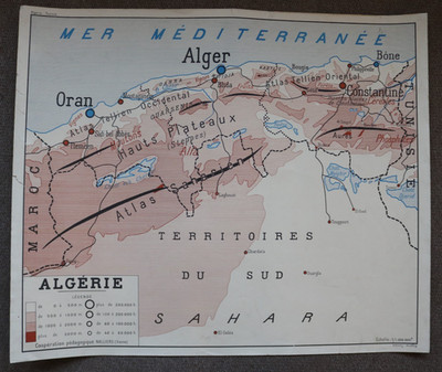 Französische Vintage Schulwandkarte, 90x65 NORDAFRIKA ALGERIEN, TUNESIEN, Nalliers.