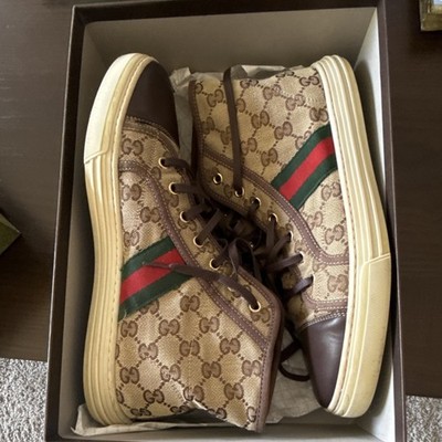 Gucci GG Supreme Logo High Top Web Stripe Sneakers Beige Brown 283613