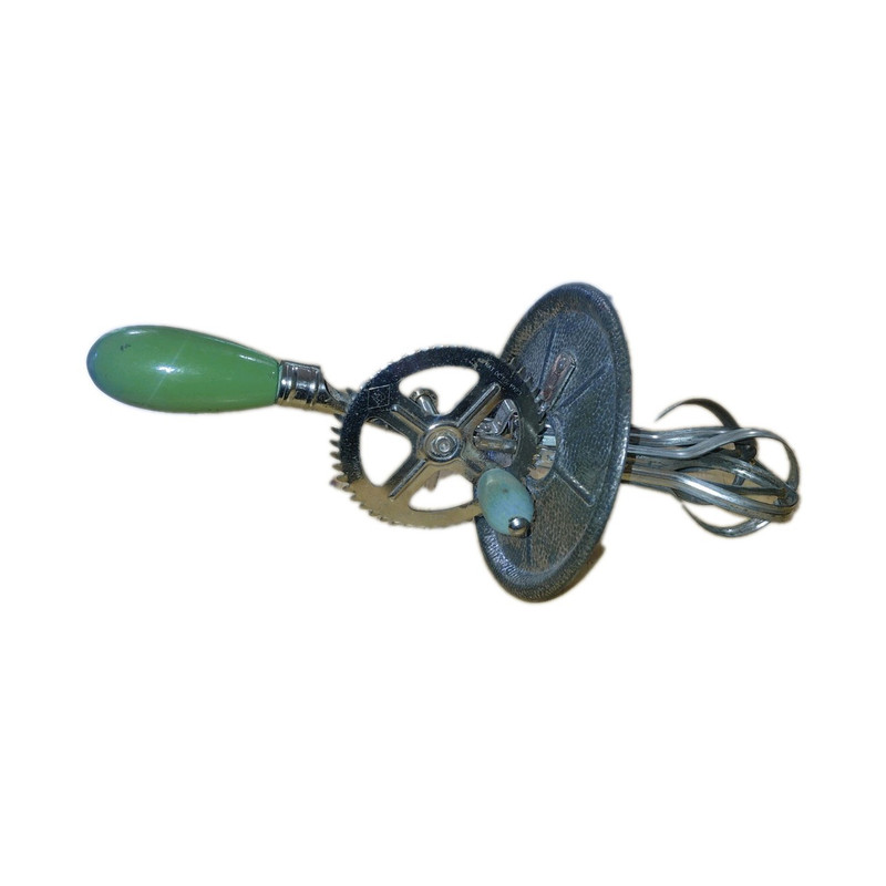 Vintage Manual Hand Crank Egg Beater Handheld Mixer, Green/Silver Metal