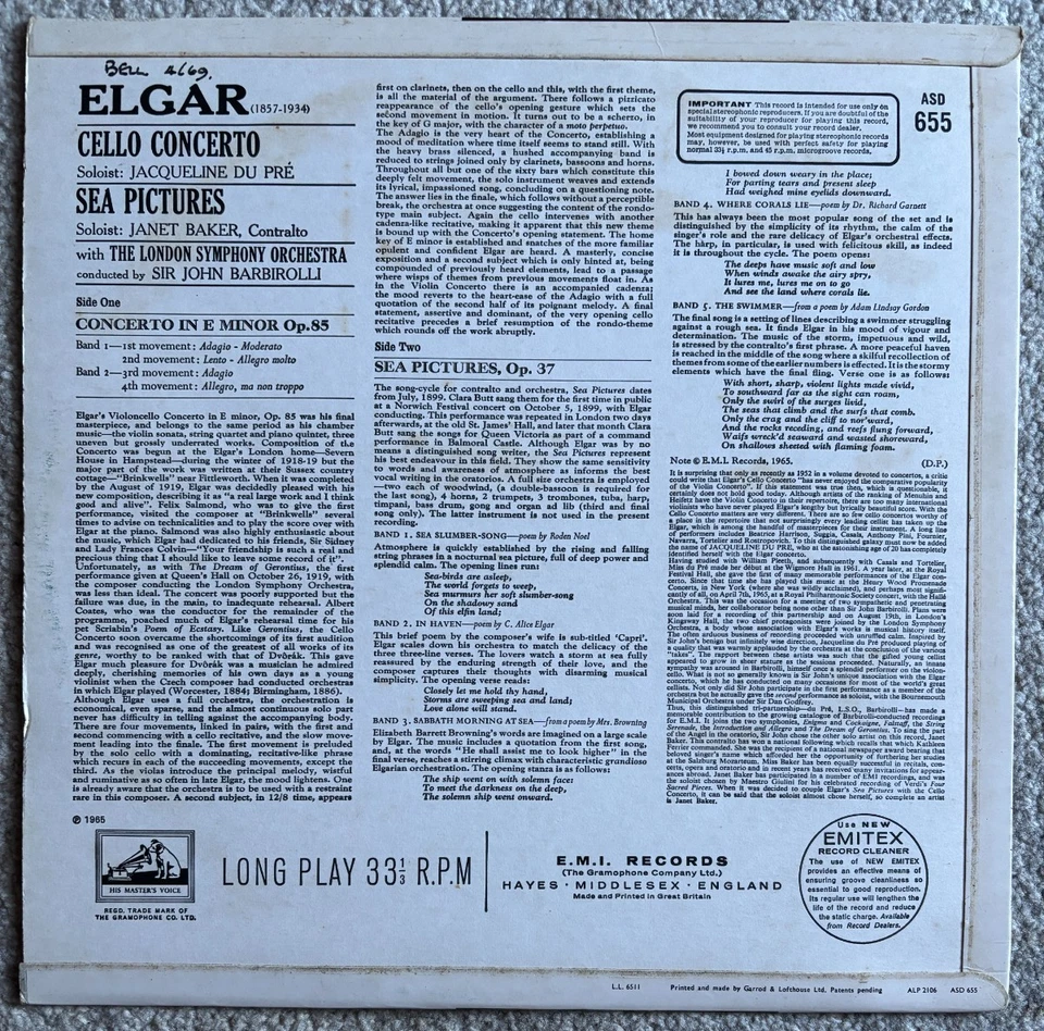 Elgar - Cello Concerto - Sea Pictures - Du Pré - Baker - EMI stereo LP ASD 655 - Image 2 of 4