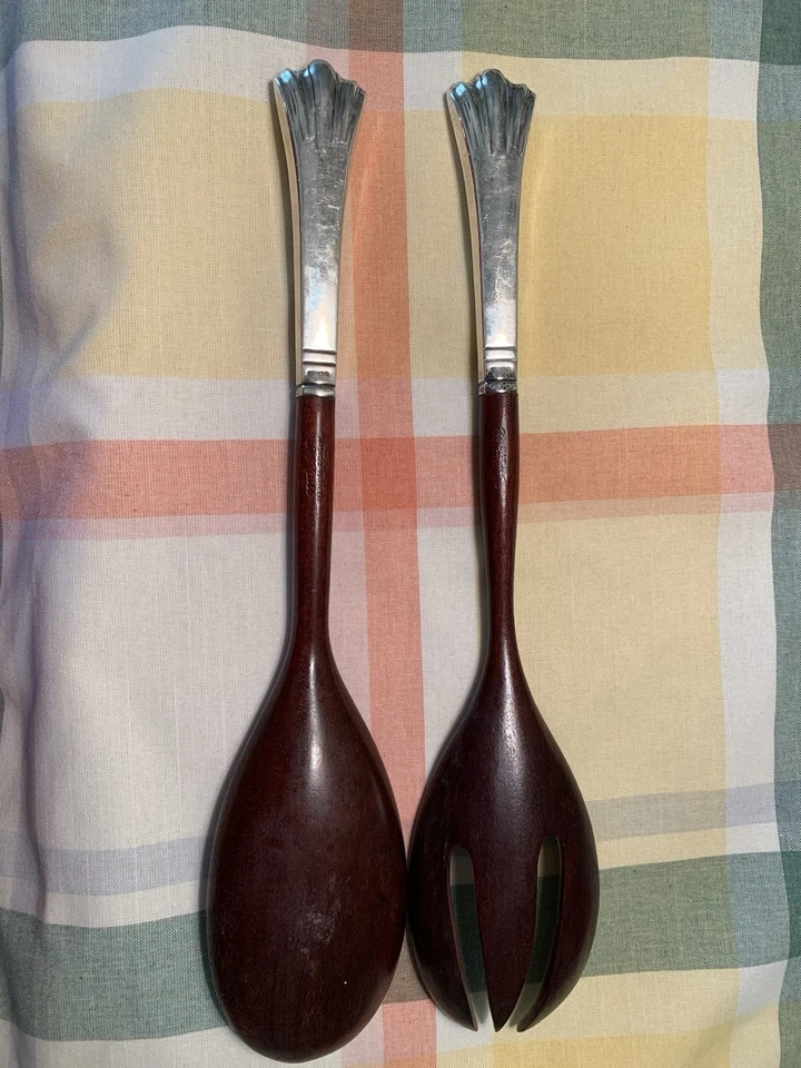 Juego de servir ensaladas vintage de plata y madera de ley, hecho a mano  Foto 2 de 4