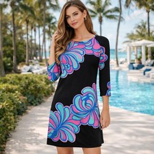 Lilly Pulitzer Floral Shift Dress Womens Size 4 Black Pink Cotton 3/4 Sleeve