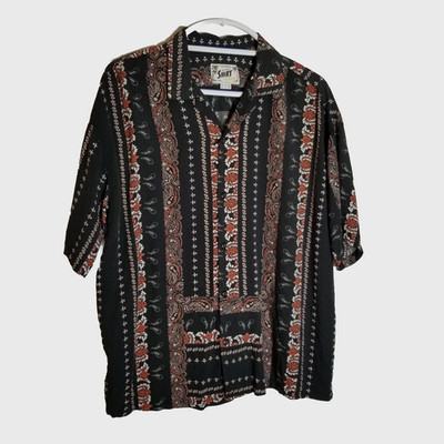 Pull&Bear Resort Shirt Men's Large Black Paisley Hawaiian Tropical Button Up