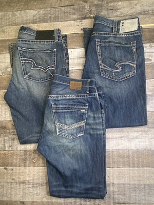 Lot of 3 Buckle Jeans Mens 38x30 Dark Wash Blue Boot Cut Big Star, Silver & BKE