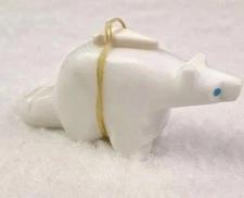 Native Zuni Hand Carved White Selenite Badger Animal Fetish Turquoise Eyes 2.75"