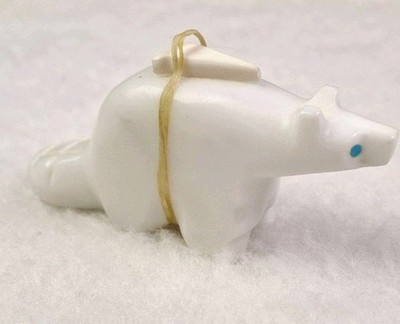 Native Zuni Hand Carved White stone Badger Animal Fetish Turquoise Eyes 2.75''