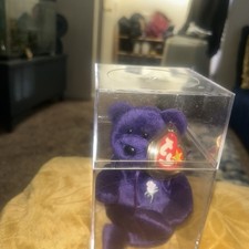 Ty Beanie Babies Princess Diana Purple Bear Plush 1997 w/ Heart Tag Display Case