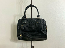 Tory Burch Black Pebbled Satchel Top Handle Zip, Logo, Gold Hardware Charm