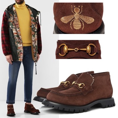 GUCCI BOOTS MENS SHEARLING LINED SUEDE HORSEBIT LOAFER SHOES BEE $940 7.5 US 8