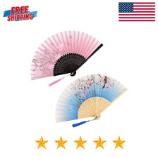 2 Pack Patterned Silk Folding Fans, Handheld Bamboo Fans with Floral Design, Fol