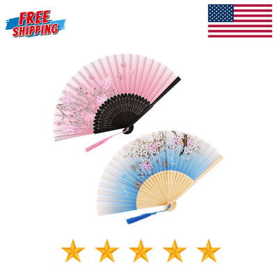 #ad 2 Pack Patterned Silk Folding Fans Handheld Bamboo Fans with Floral Design Fol $9.70