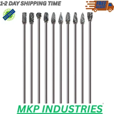 10 Pcs 1/8" Long Shaft Tungsten Carbide Burrs Set Kit Bits 4.5" Shank...