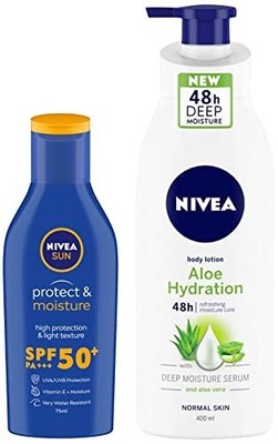 NIVEA Sun Lotion SPF50 75ml Plus Aloe Hydration Body Lotion 400ml Combo Ship