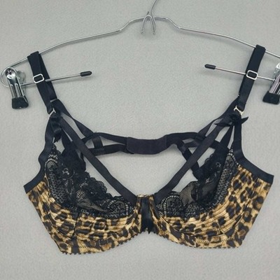 Dita Von Teese Madam X Underwire Bra 34C Leopard Print Black Lace Strappy Cage