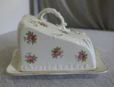 Antique Large Hand Painted Roses 24K Gold Ceramic China Covered Butter Cake Dish