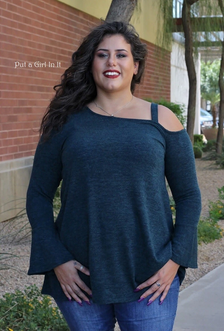 New PLUS SIZE Womens TEAL ONE SIDED COLD SHOULDER BELL SLV SHIRT TUNIC 1X  2X 3X