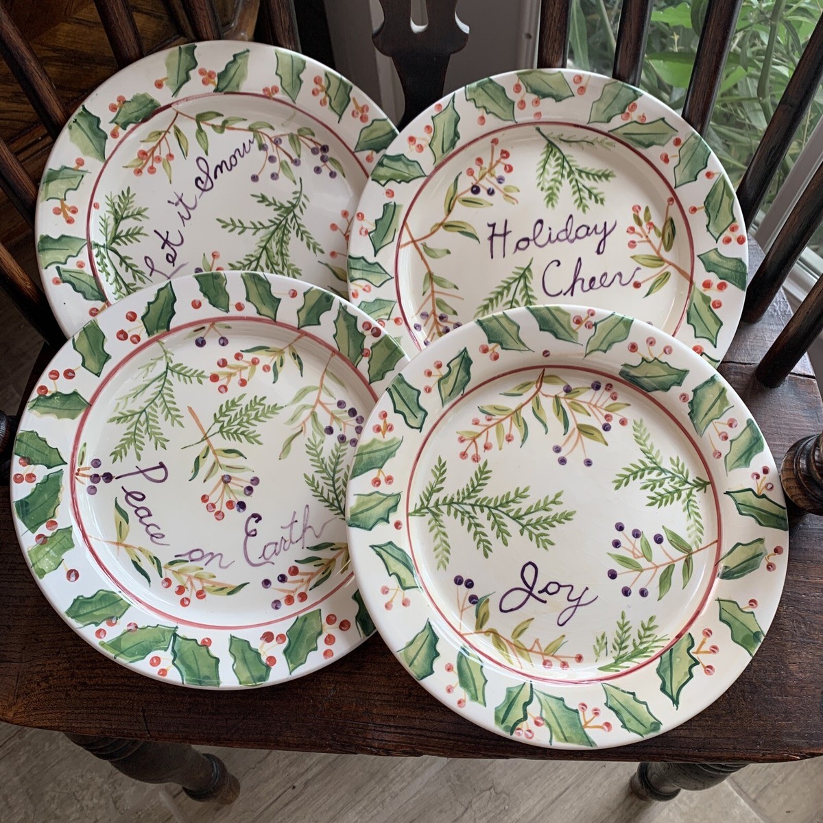 Set Of Capri ware 8” Hand Painted Christmas Holiday Plates, Holly  Evergreens