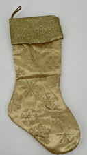 Vintage Holiday Time Gold Glitter Snowflake Satin Stocking Gold Glitter Trim