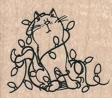 Cat Caught In Christmas Lights 2 1/4 x 2" Rubber Stamp, Christmas Stamp
