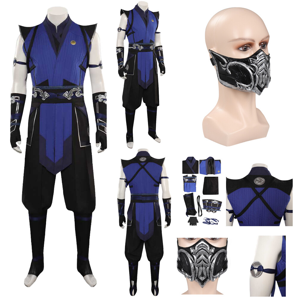 Mortal Cosplay Kombat Sub-Zero Costume Outfit Halloween Vest Pants +Latex  Mask