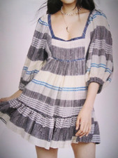 Free People All Lined Up Mini Dress Size S   Boho Blue & White