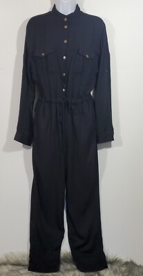 A. Peach Small Roll Tab Snap Up Pockets Long Sleeve Drawstring Black Jumpsuit 