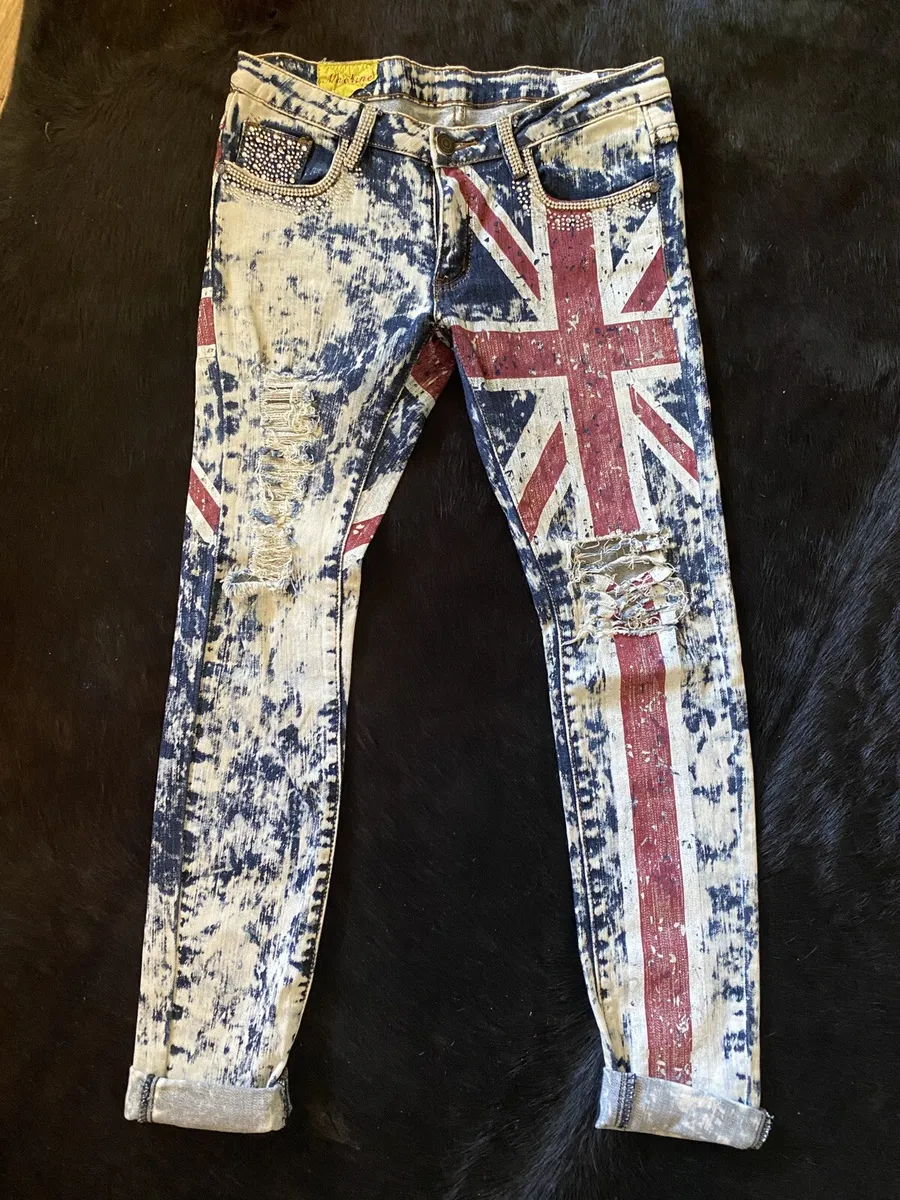orm Compulsion Bliv sammenfiltret MACHINE Union Jack Flag Distressed Denim JEANS Rhinestone Bling Unisex Jeans  31 | eBay