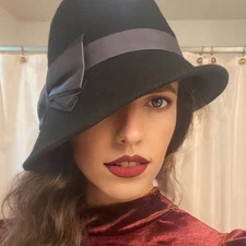 PARKHURST WOMEN'S FEDORA Bow Slanted Black Felt Wool Hat 1940s 50s Vintage Style