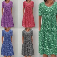 2026 Boho Floral Round Neck Midi Dress Loose Short Sleeve Vacation