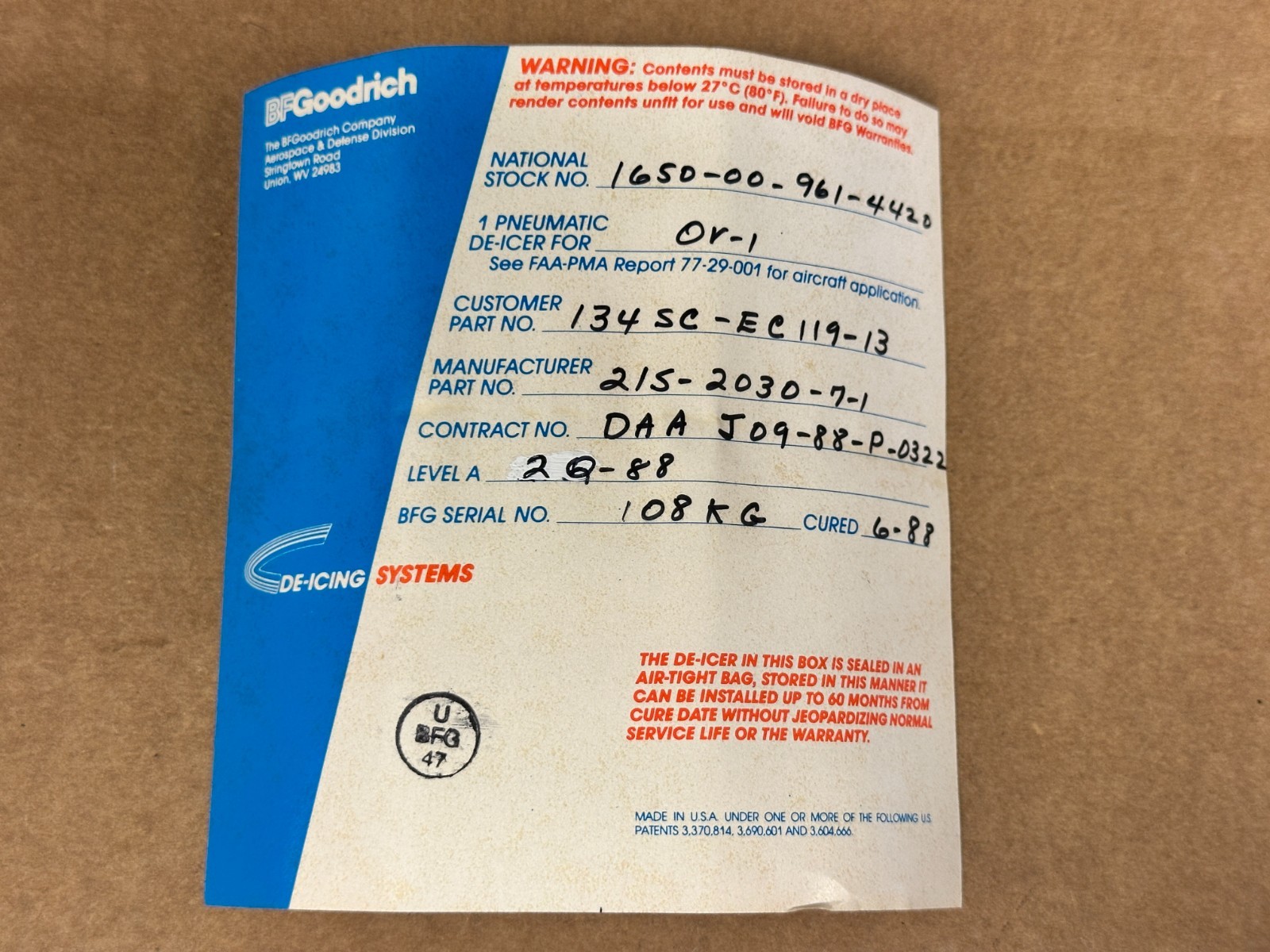 BF Goodrich De-Icing Boot P/N 215-2030-7-1 New