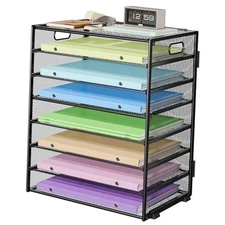 8 Tier Paper Organizer with Handle, Metal Mesh Desk File Organizer, Large Black
