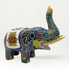 Vintage Cloisonn&eacute; Elephant Blue Green Red Enamel Figurine Brass 4" Asian Decor