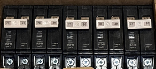 LOT OF 5 USED EATON CHF220 Circuit Breakers 20 AMP 2 Pole Type CH