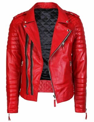 Herren Rot Lammleder Leder Motorrad Jacke Gesteppt Stil Cafe Racer Biker Mantel