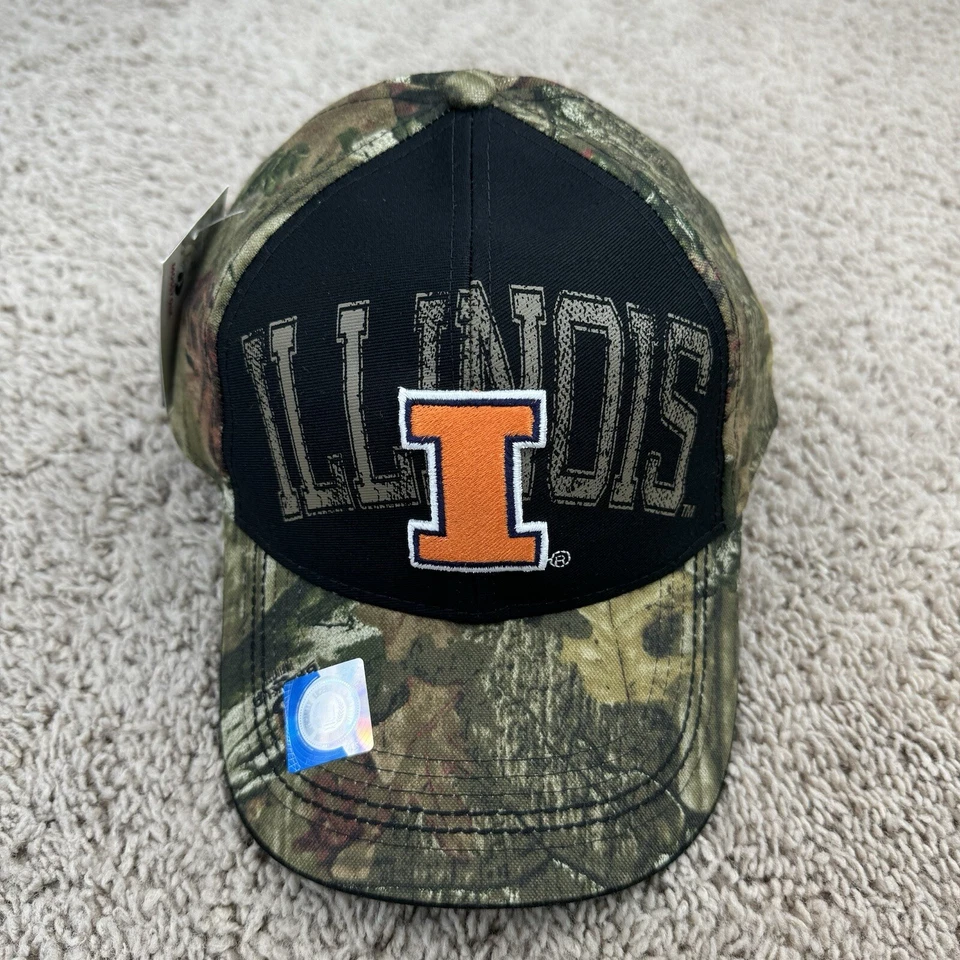 Illinois Illini Hat Adjustable Mossy Oak Camo Black Arched Spellout Vtg Cap NOS - Image 2 of 4