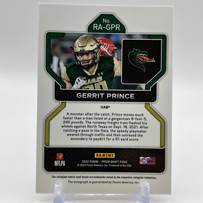 2022 Prizm Draft Picks GERRIT PRINCE Silver Rookie Auto #RA-GPR UAB