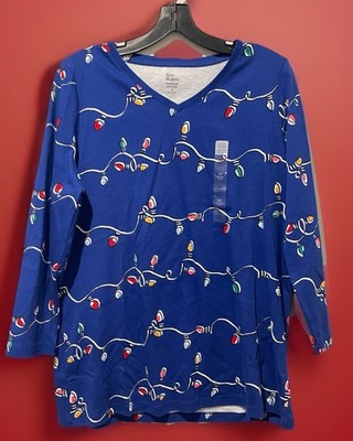 New Kim Rogers Size Medium M Perfectly Soft Blue Christmas V Neck Top Shirt NWT