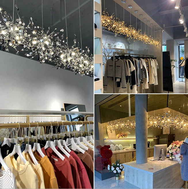 Lámpara de araña creativa de hojas de acero inoxidable para iluminación Foto 3 de 4