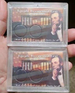 LINCOLN Bicentennial Cent 1809-2009 Frosty Plastic 2 Coin Case  X 2     3.5"x2.5