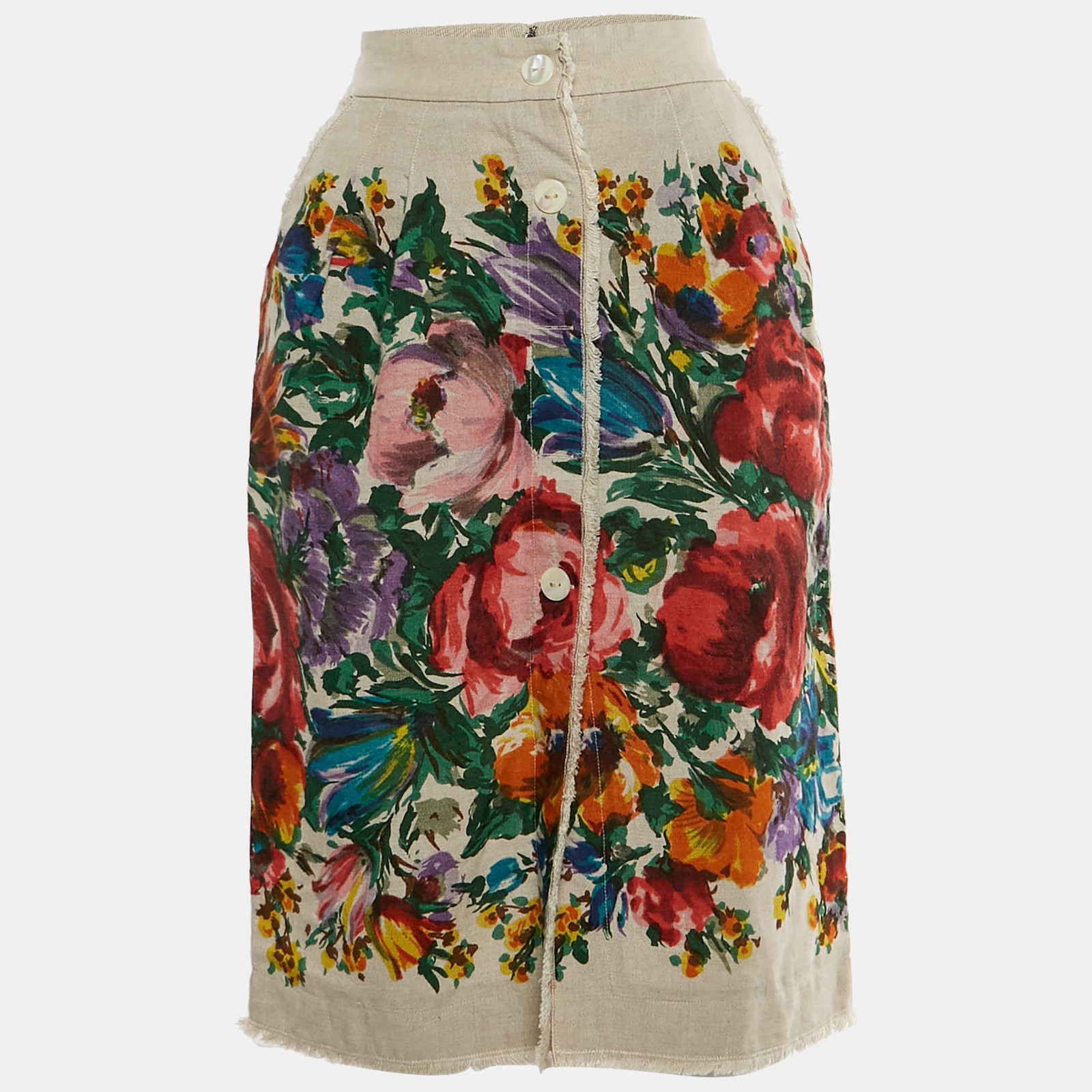 Dolce Gabbana Beige Floral Print Linen Zip Up Knee Length Skirt S