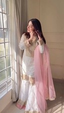 Latest Heavy Faux Georgette White Top Palazzo And Dupatta For Reception