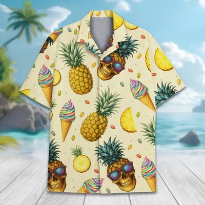 Pineapple Skull Ice Cream Hawaiian Shirt Tropical Summer Beach Vacation Aloha
