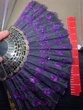FOLDING FAN - Elegant Victorian Look - BLACK Fabric Floral Pattern